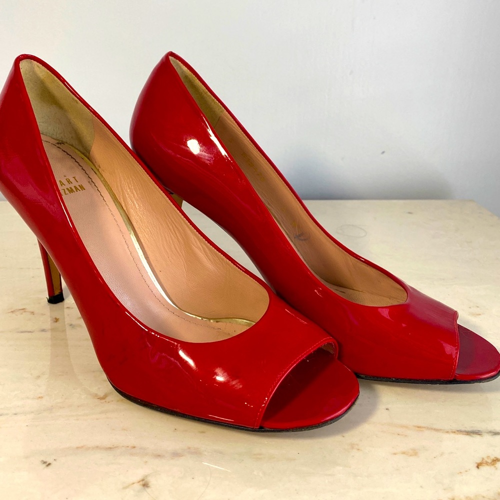 Stuart Weitzman Red Patent Peep Toe Heels 9